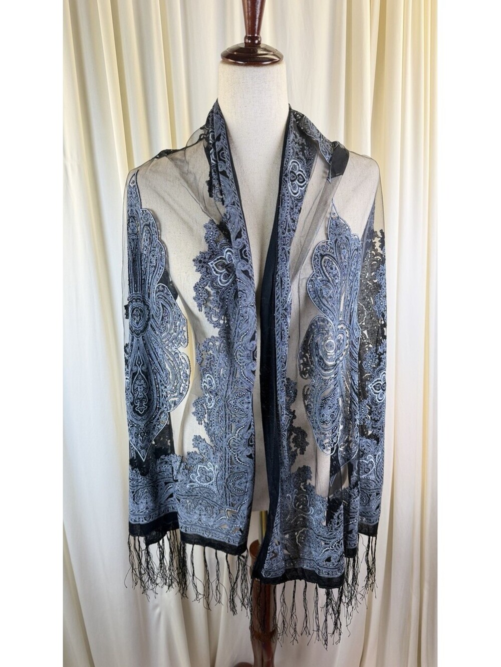 Black/Gray Lace Embroidered Sheer Sparkle Fringed Dressy Formal Scarf Wrap Shawl